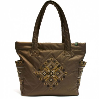 Дутая сумка с вышивкой коричневая